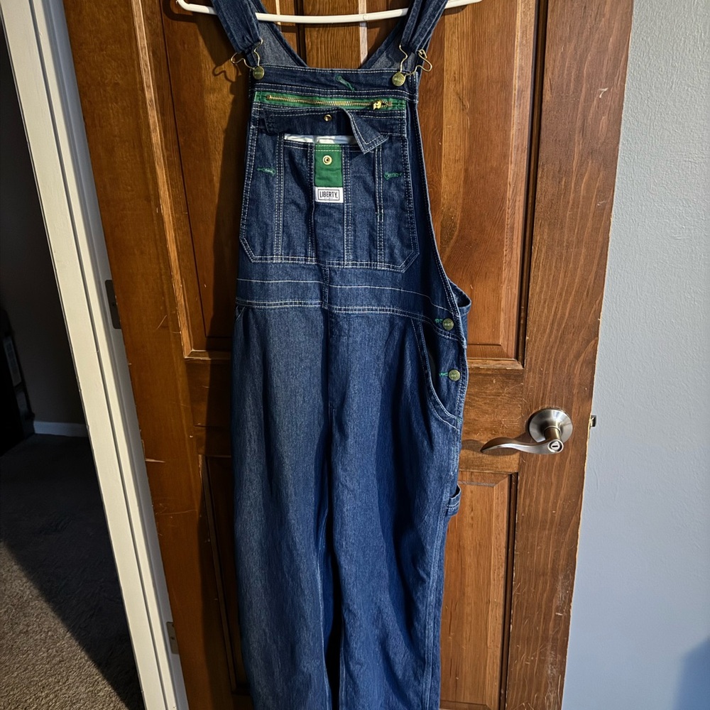 Classic Dark Blue Denim Overalls with Green Trim